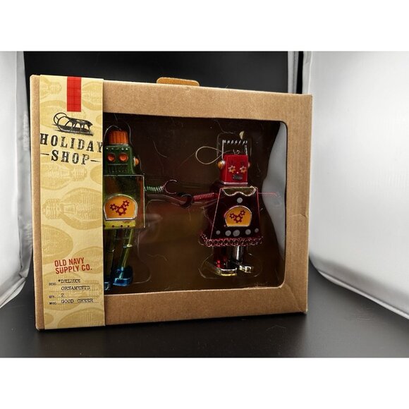 Old Navy Box of Robot Christmas Ornaments Red Green Spring Arms Dangling Legs - Picture 10 of 16